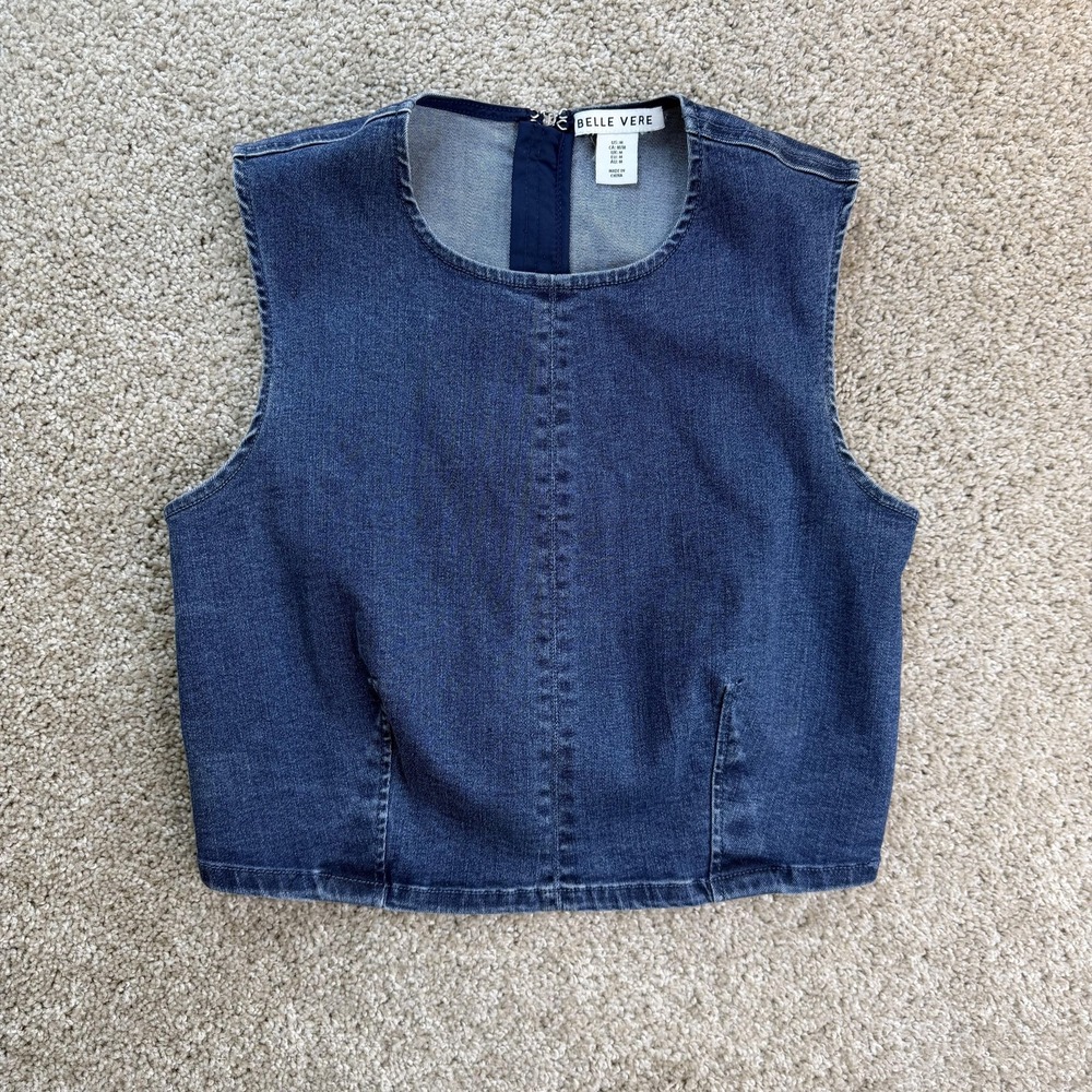 Belle Vere Tank Top Womens M Blue Denim Jean Cropped Sleeveless Zip Back Stretch
